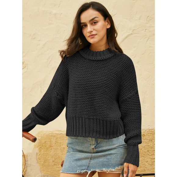 Women's Crewneck Chunky Knit Batwing Long Sleeve Loose Pullover Sweaters Tops - Picture 2 of 6